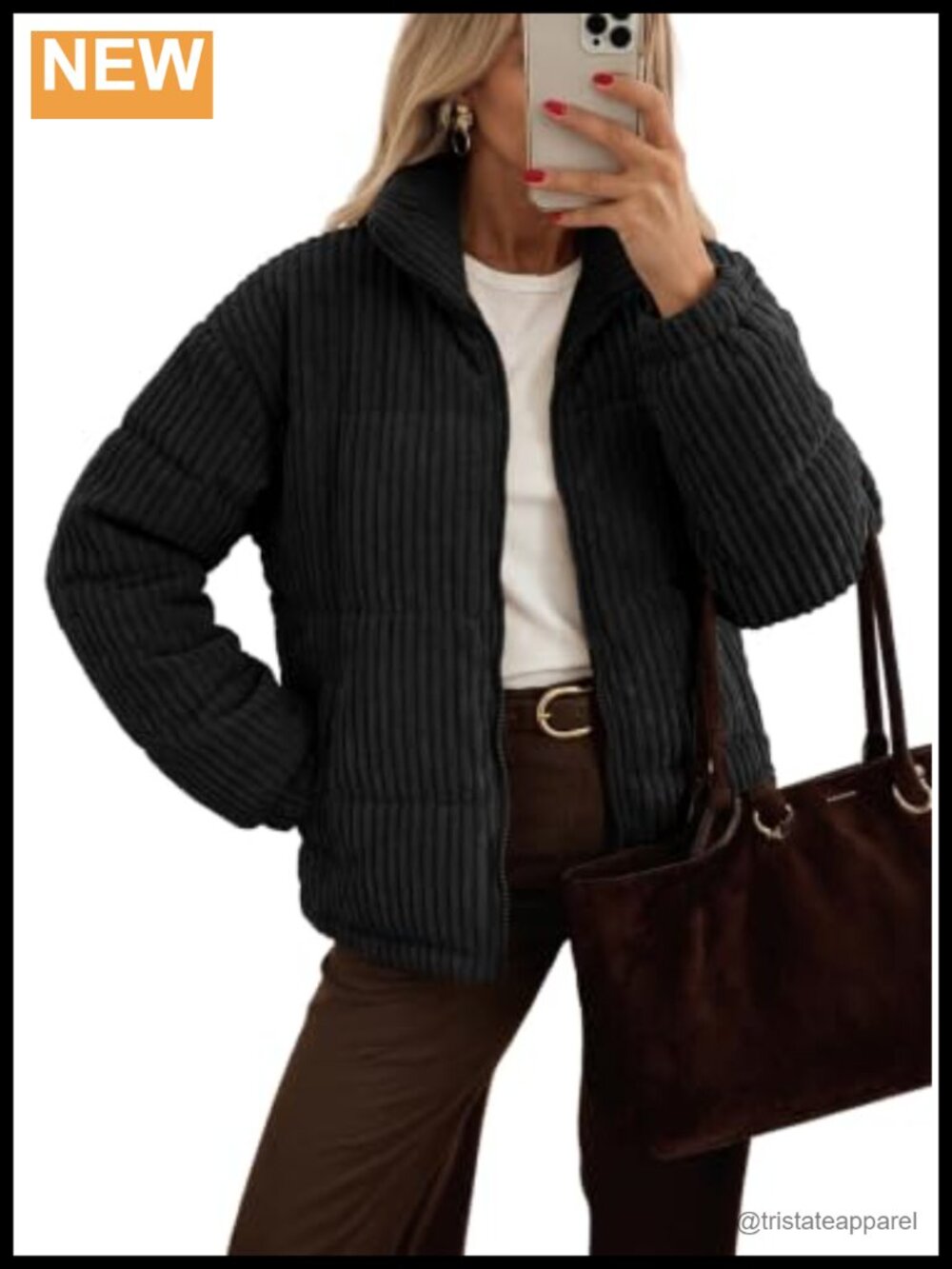 Women's Cropped Quilted Zip Up Jacket Corduroy Stand Collar Coat